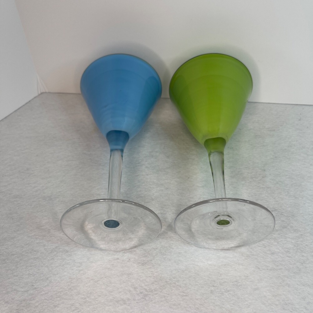Margarita Martini Cocktail Blown Glass Base Rim Blue and Green Set of 2 - Picture 9 of 12